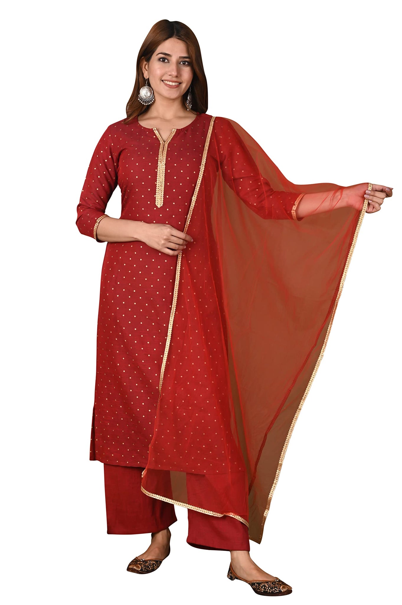 Anni Designer Women'S Cotton Blend Straight Printed Kurta With Palazzo And Dupatta (Pritu-Red_Xl Red_X-Large),Red,XL