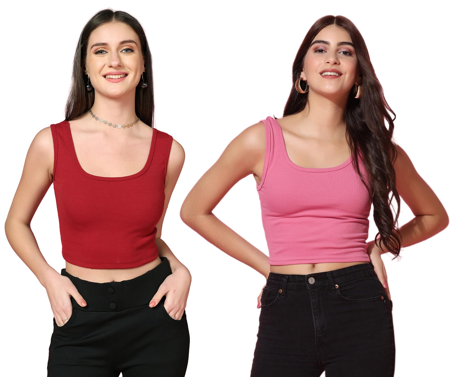 Toplot Women'S Combo Solid Ribbed Scoop Neck Sleeveless Slim Fit Tank Top Pack Of 2 (Combo-5069-Mrn-Pnk-Xs),Maroon-Pink,,B0CG5GX43T