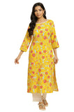 W Yellow Floral Printed Straight Long Cotton Kurta for Women