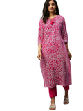 ishin Women's Pure Cotton Pink Printed Straight Kurta Trouser Set