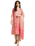 rangita Peach Cotton Embroidered Straight Kurta with Pant and Dupatta | Kurta Set for Women_M