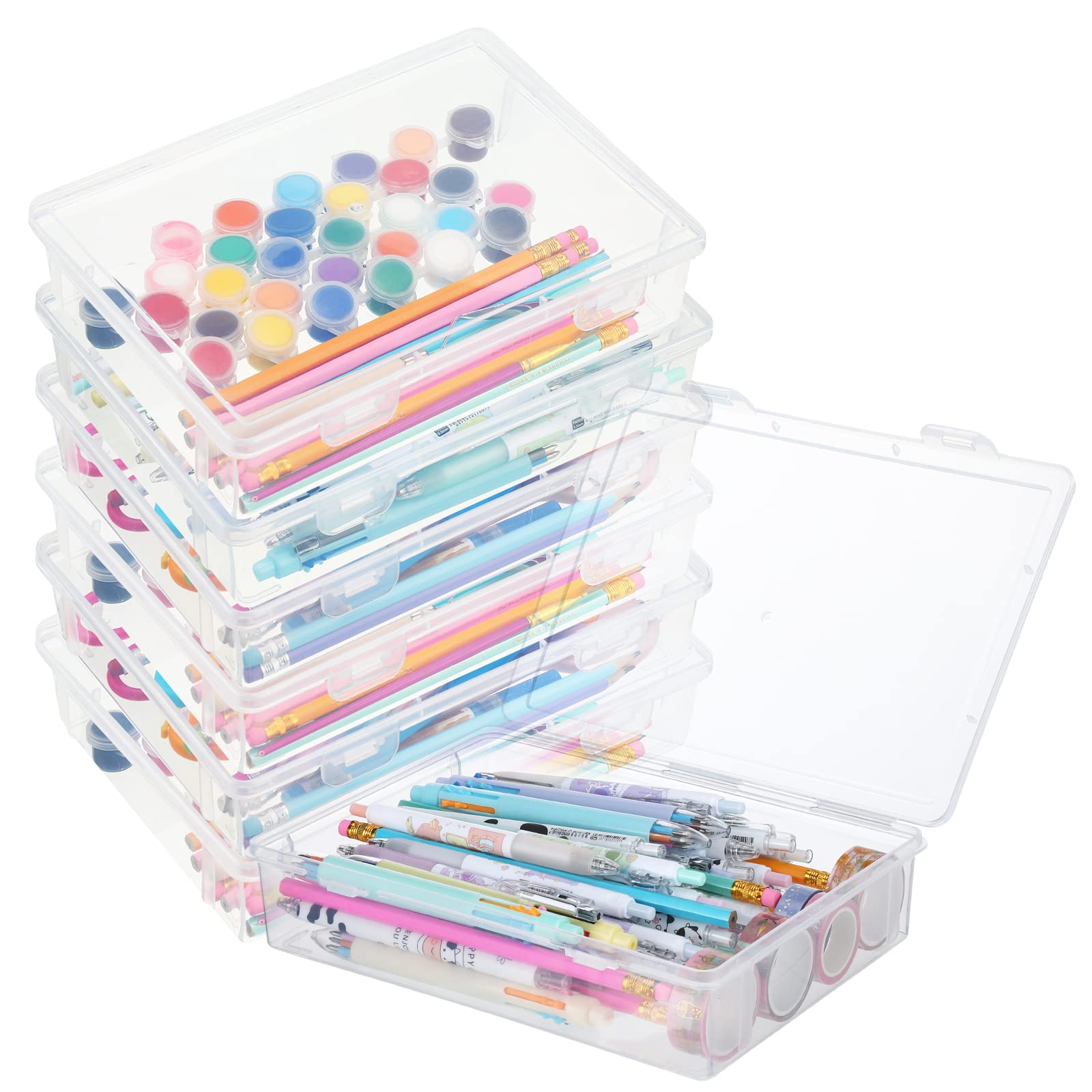 Qunclay 6 Pcs 10.6 x 7.7 x 2 Plastic Storage Box with Lid Multipurpose Craft Organizers Plastic Containers Clear Pencil Ca