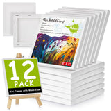 12PCS Mini Canvas & Easel Set - 5 x 5 in Small Square Stretched Canvases and 7.7 x 4.4 in Easel, 0.4 in Thick Blank Canvases for