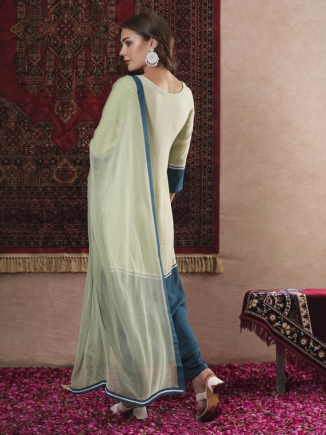 Anni Designer Women'S Cotton Blend Straight Solid Kurta With Pant & Dupatta (Panai Green_M_Green_Medium),Green,M,Rayon Blend,Regular,