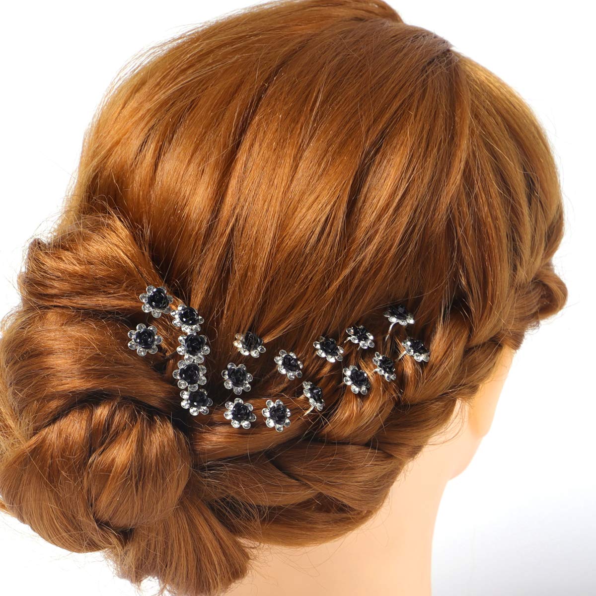 BETITETO 40 Pcs U-Shaped Flower Rhinestone Hair Pins Crystal Hair Accessories for Bridal Wedding Party Girls' Sweet Sixteen (Bla