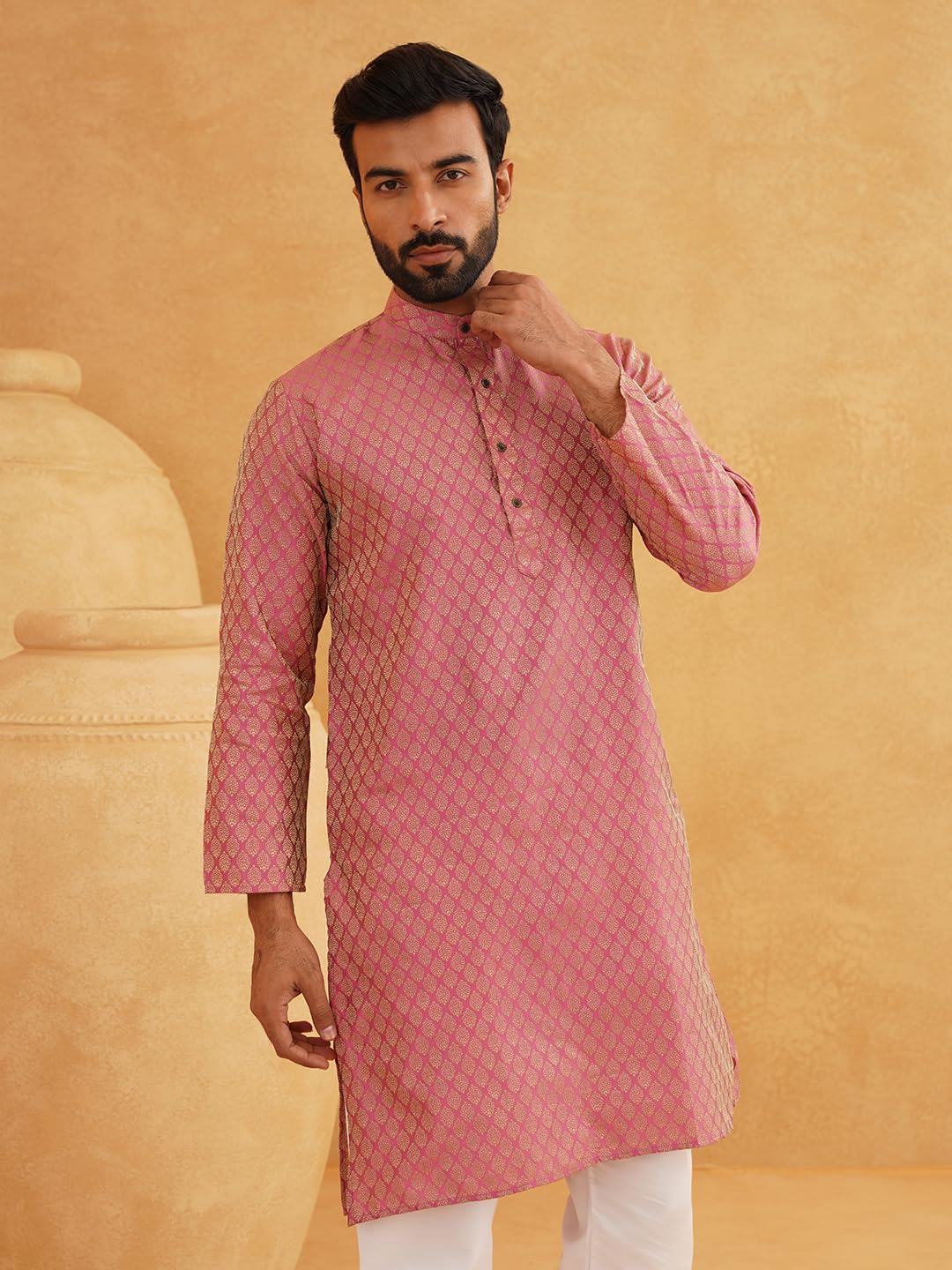 Sojanya (Since 1958 Men'S Jacquard Silk Pink Self Design Only Kurta Size: 42