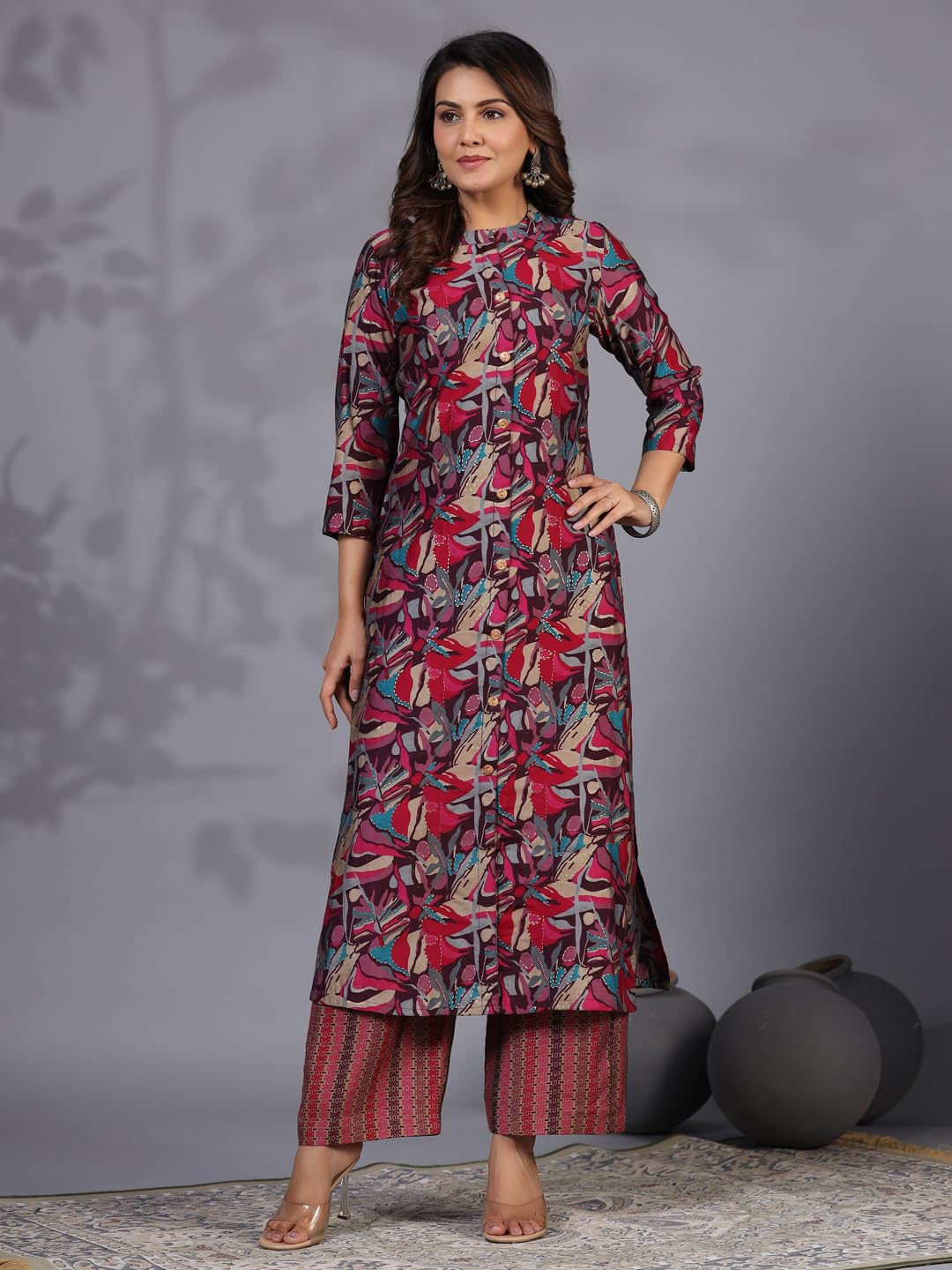 Gosriki Women'S Rayon Blend Straight Printed Kurta With Pant (Bbcom Pink-Gs_Xl_Pink_X-Large),Pink,,B0CYGKGXNX