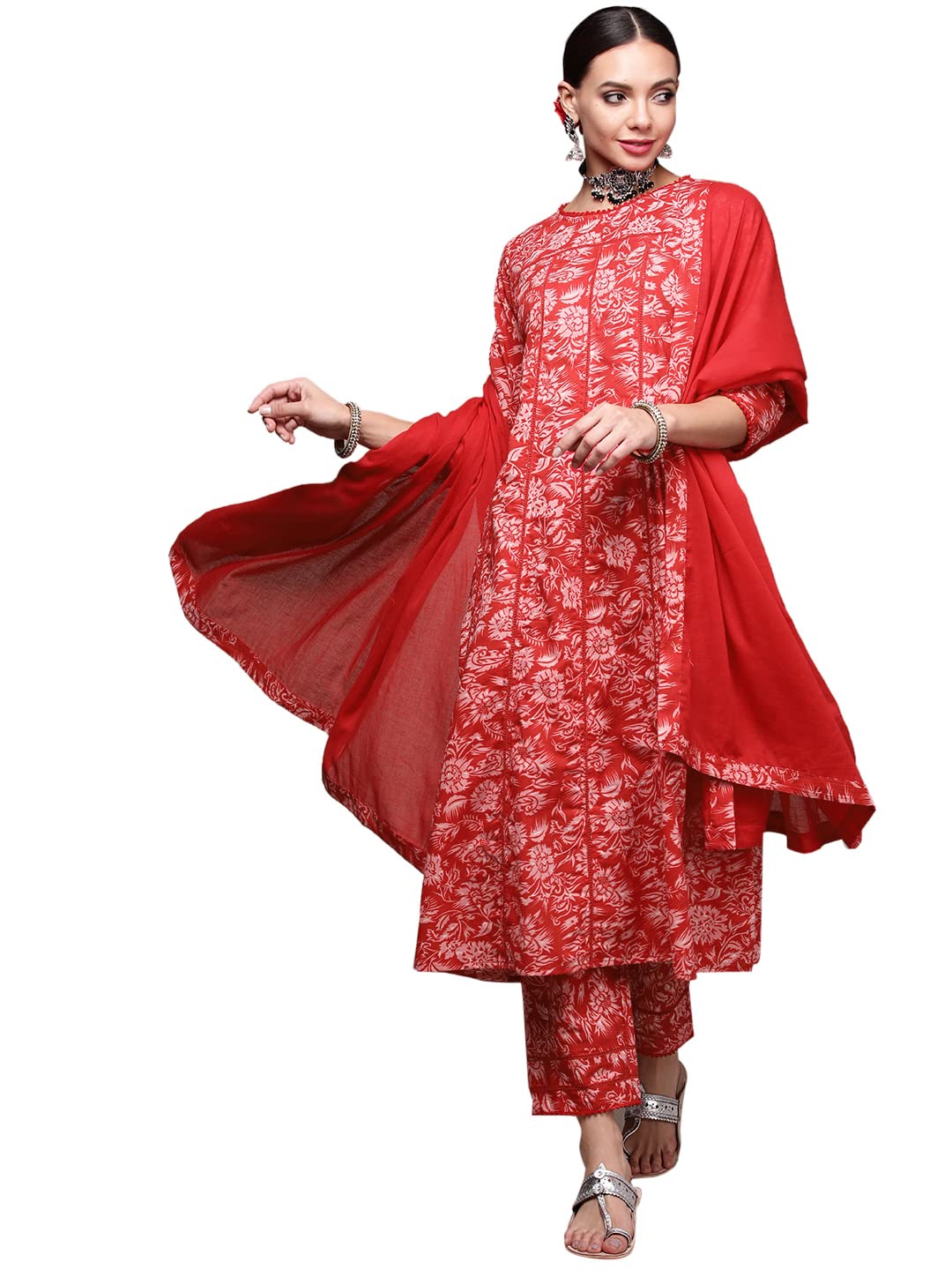 anubhutee Women's Cotton Printed A-Line Kurta suit set with Dupatta & Pants ABWSD2234_RD_S_Red
