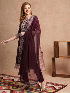 Gosriki Women'S Rayon Blend Straight Embroidered Kurta With Pant & Dupatta (Trp Wine-Vks01-Gs_S_Wine_Small),Wine,,B0DC6KDZYH