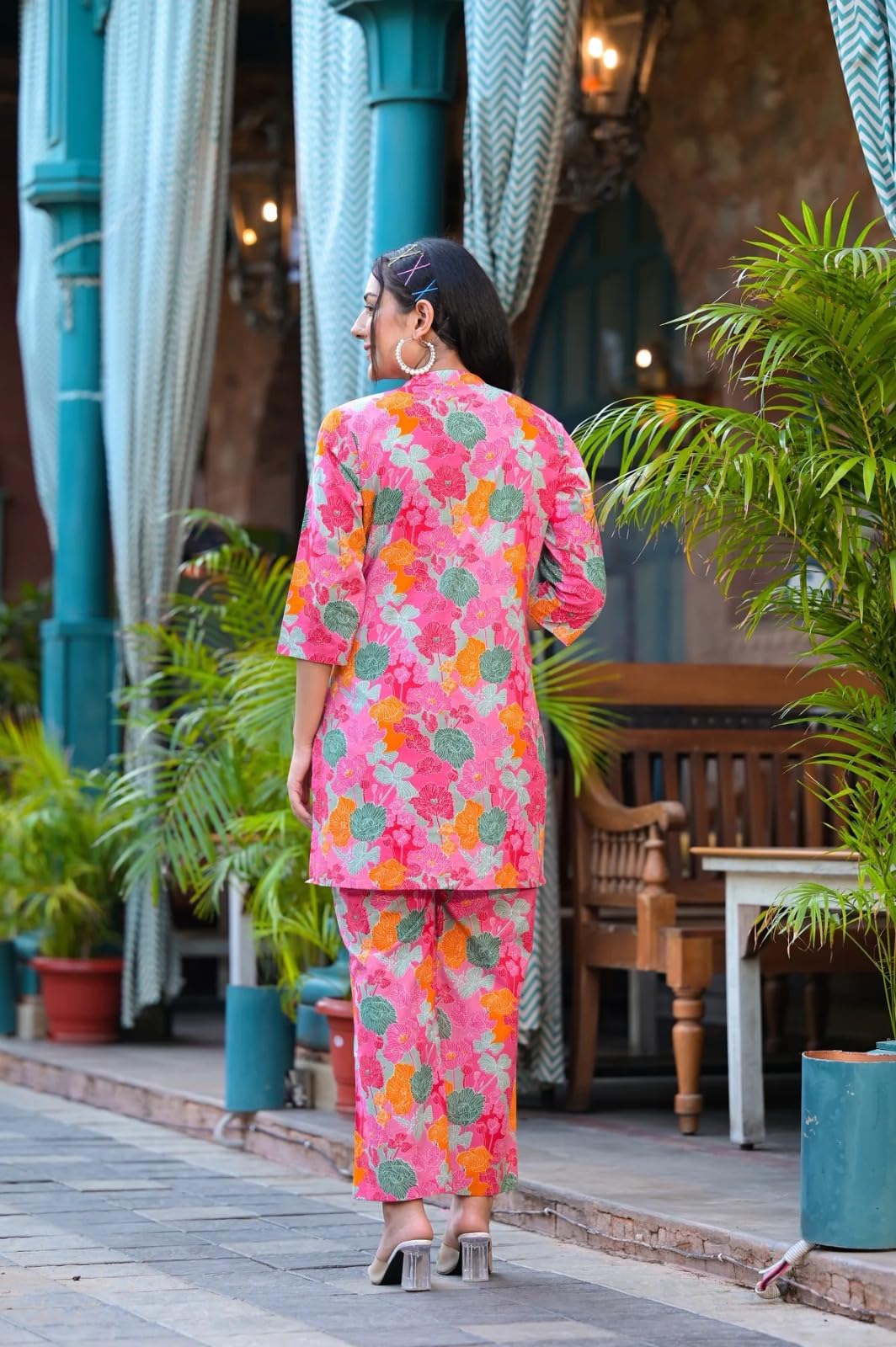 Leriya Fashion Women Ethnic Kurta Set | Cotton Blend Kalista Co-Ord Set | Casual Wear Pant Top Set | Fancy Pajama Set | Pack Of 2 | Floral Printed Top & Pant Set (Large, Pink) Lf-K-W1728&Tr819