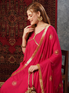 Anni Designer Women'S Cotton Blend Anarkali Printed Kurta With Pant & Dupatta (Shrinika Pink-Jl_Xl_Pink_X-Large),Pink,XL,,,
