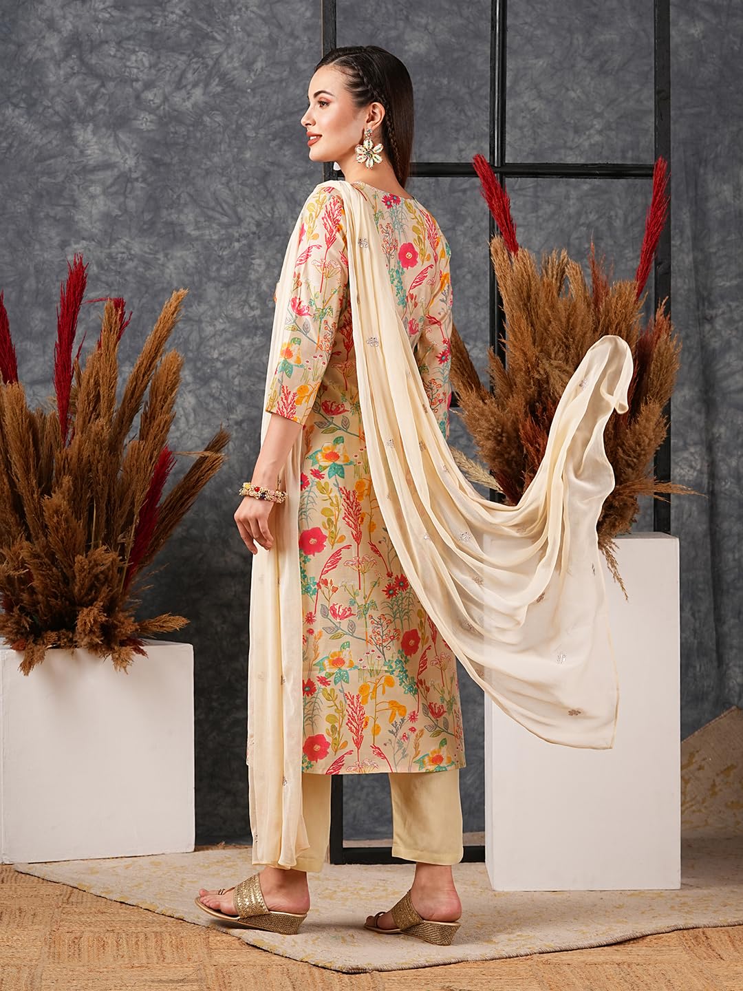 Gosriki Women'S Cotton Blend Straight Printed Kurta With Pant & Dupatta (Maket Cream-Gs_Xl_Cream_X-Large),Cream,,B0D57BD6S4
