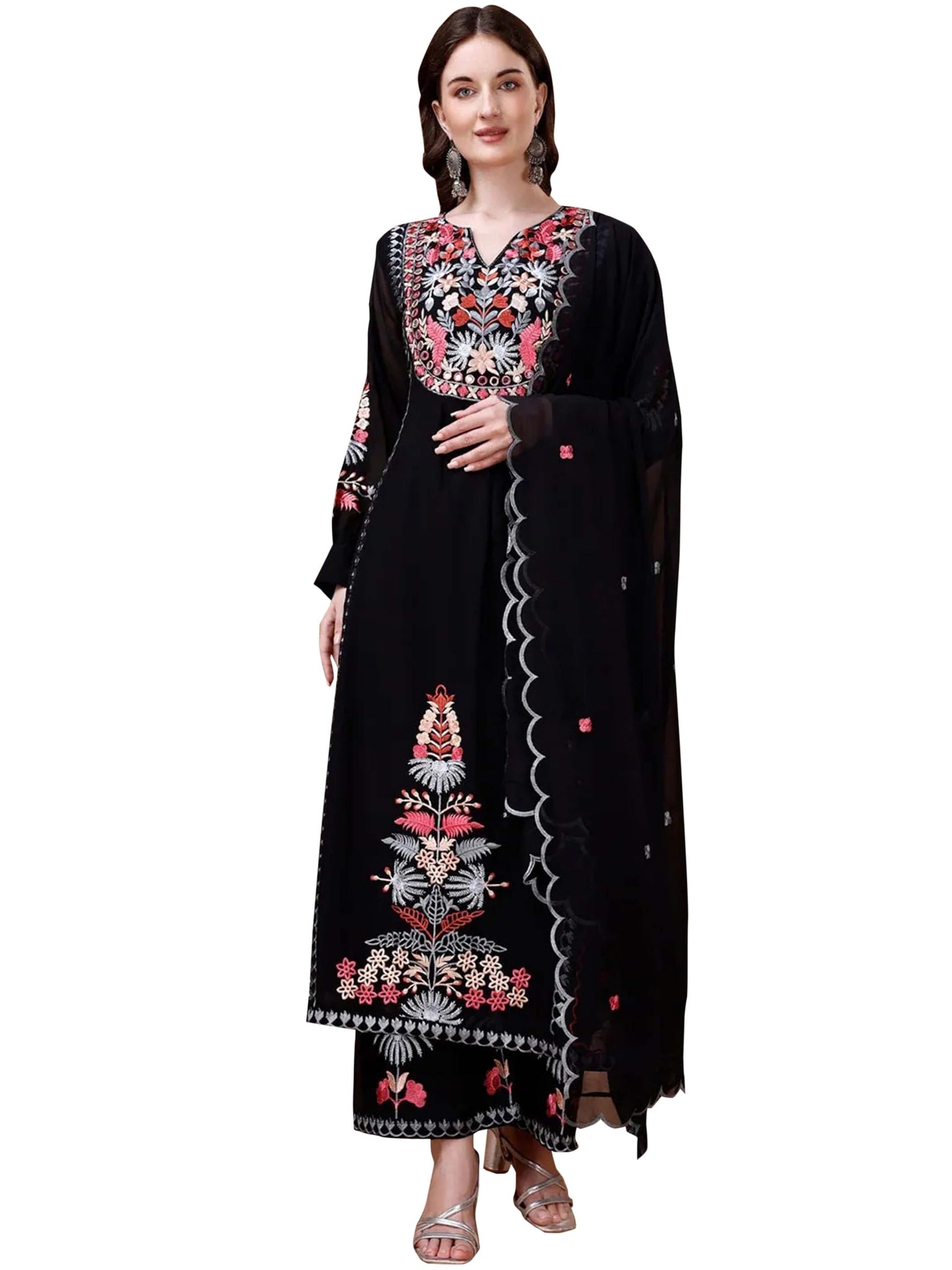Fashion Basket Women's Faux Georgette Embroidered Straight Kurta with Dupatta (Small, Black)