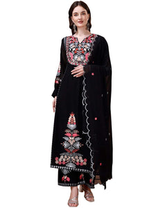Fashion Basket Women's Faux Georgette Embroidered Straight Kurta with Dupatta (Small, Black)