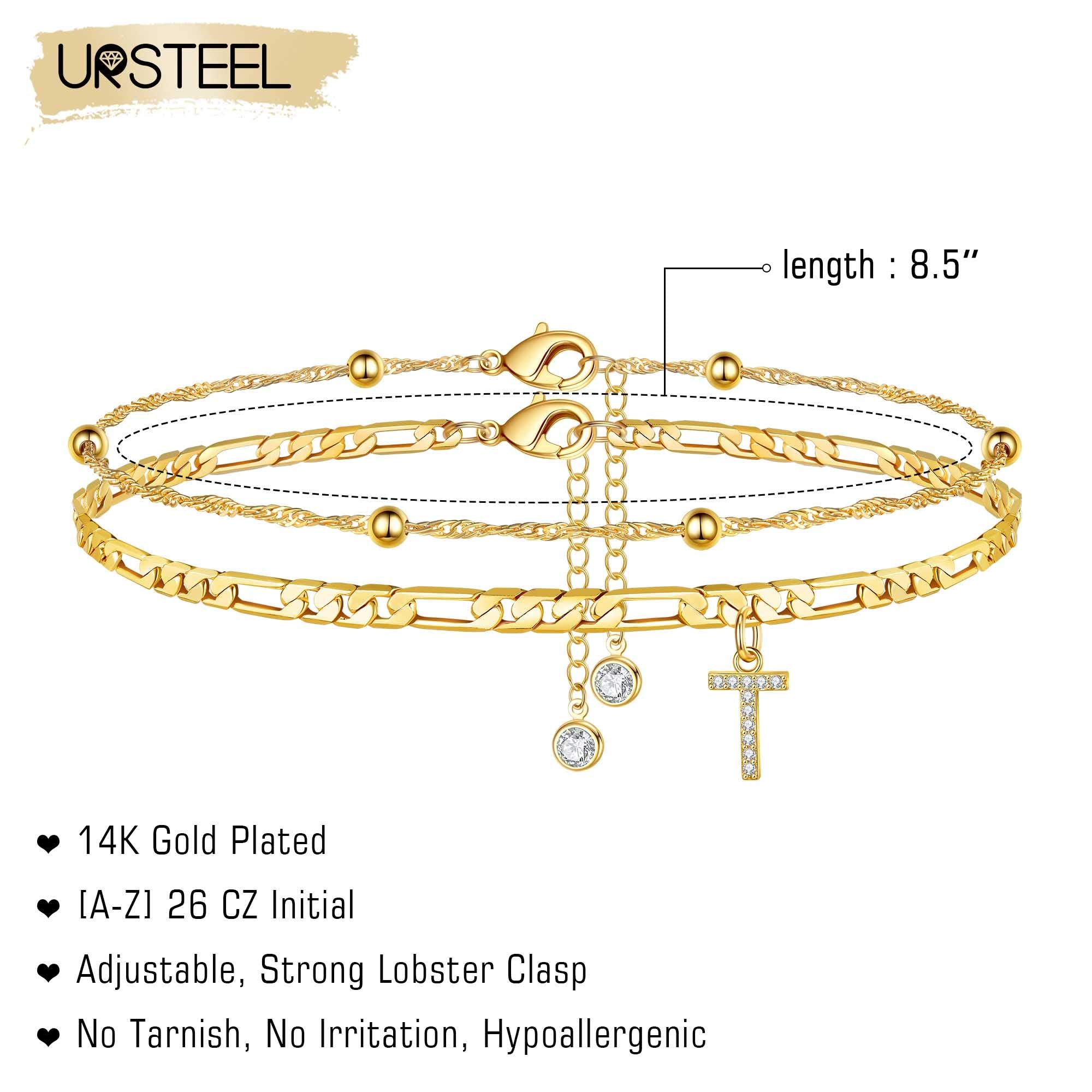Ankle Bracelets for Women, T Initial Anklet 14K Gold Plated Dainty Adjustable Layered Initial Anklets Set Beaded Chain Figaro Ch