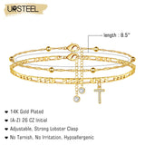 Ankle Bracelets for Women, T Initial Anklet 14K Gold Plated Dainty Adjustable Layered Initial Anklets Set Beaded Chain Figaro Ch