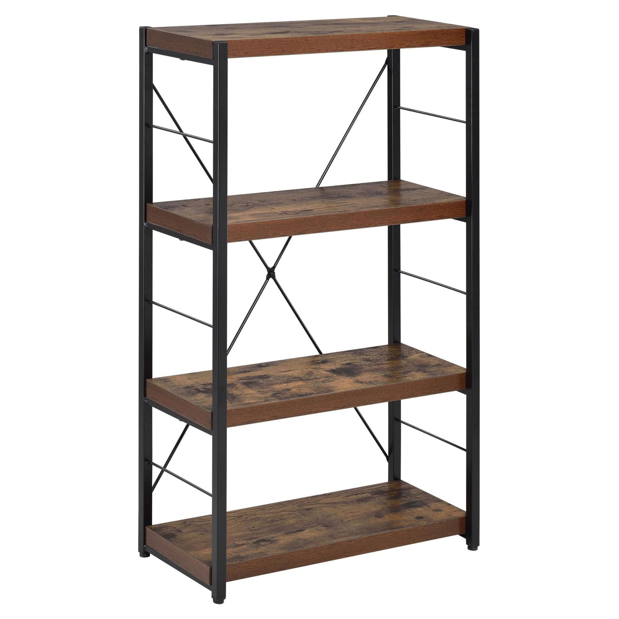 Benjara Four Tiered Metal Framed Wooden Bookshelf, Brown And Black