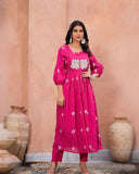 Gosriki Women'S Rayon Blend Anarkali Printed Kurta With Pant (Anveshi Pink-Vks03-Gs_S_Pink_Small),Pink,,B0DH2N2X7M