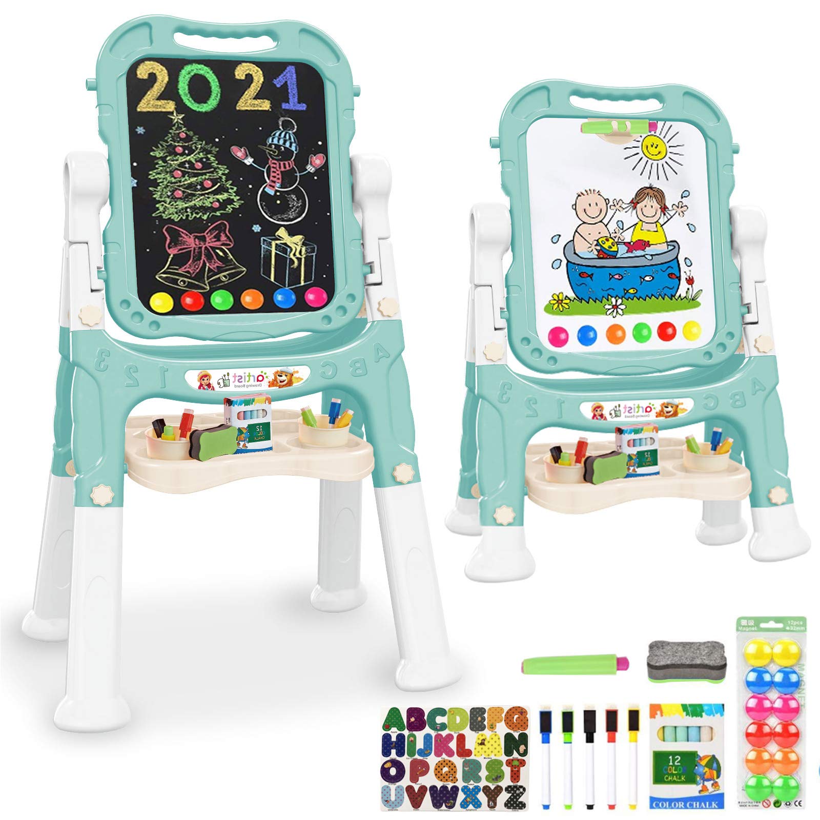 Mojitodon Easel for Kids,Rotatable Double Sided Easel for Kids Adjustable Standing Art Easel with Painting Accessories for Toddl