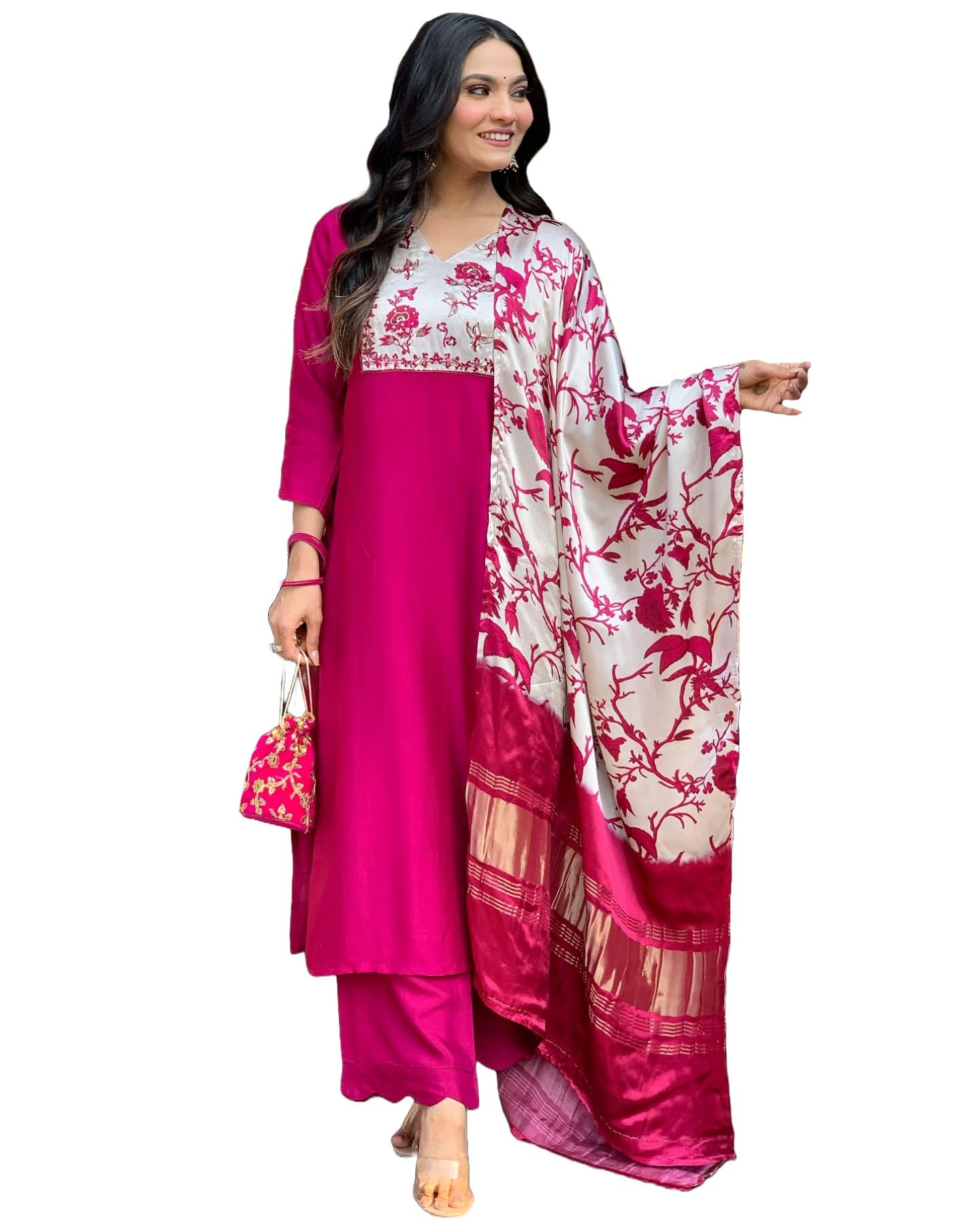 Anni Designer Women'S Rayon Viscose Printed Straight Kurta With Pant & Dupatta (Kapasa Pink_L_Pink_Large),Pink,L