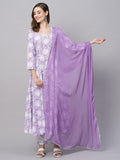 Anni Designer Women'S Cotton Blend Anarkali Printed Kurta With Pant & Dupatta (Amig-Purple_S_Purple_Small),Purple,S,,,
