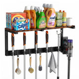 JOINSI Broom Holder Wall Mount with Wooden Shelf, Mop Hanger Wall Organizer