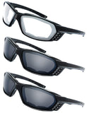 The Fresh Motorcycle Riding Glasses Padded Frame Lens Block 100% UVB for Outdoor Activity Sport (23-Shiny Black, Clear*1, & Grey