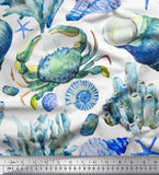 Soimoi Heavy Satin Blue Fabric - by The Yard - 54 Inch Wide - Crab, Shell & Coral Ocean Textile - Coastal Elements with Crab, Sh