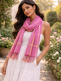 Gk Villa Pink Plaid Woven Scarf With Gold Stripe Accents And Fringe Tassels