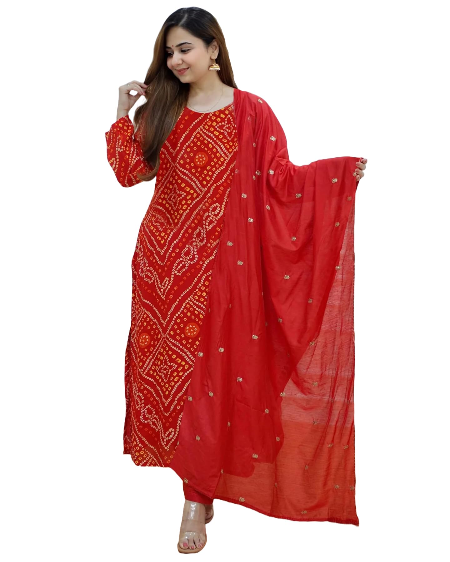 Anni Designer Women'S Rayon Blend Straight Bandhani Printed Kurta With Pant & Dupatta (Nagwar Red_Xxl_Red_Xx-Large),Red,2XL