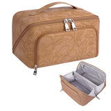 GERYUAEG Travel Makeup Bag, Large Capacity Cosmetic Bags for Women, Waterproof Lining and PU Leather Portable Pouch, Open Flat Toiletry Bag, Make up Organizer with Divider & Handle (Brown)