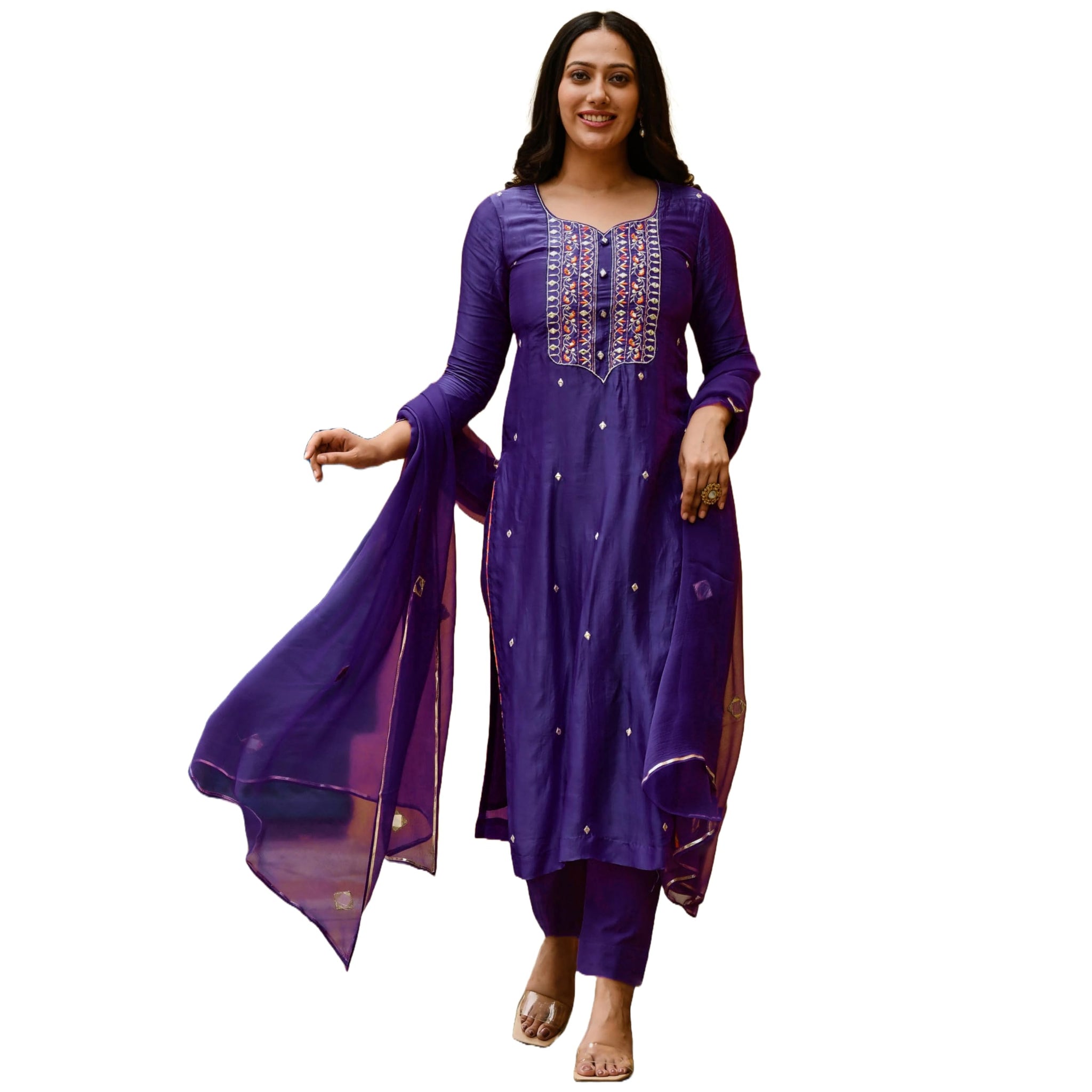 Anni Designer Women'S Cotton Blend Embroidered Straight Kurta With Pant & Dupatta (Kasturi Begani_S_Blue_Small),Blue,S
