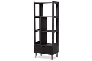 Baxton Studio Kalien Modern & Contemporary Wood Leaning Bookcase With Display Shelves & One Drawer, Dark Brown
