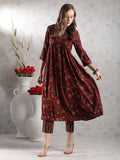 Anni Designer Women'S Rayon Blend Anarkali Printed Kurta With Pant (Gunba Maroon_L_Maroon_Large),Maroon,L,Rayon Blend,Anarkali,