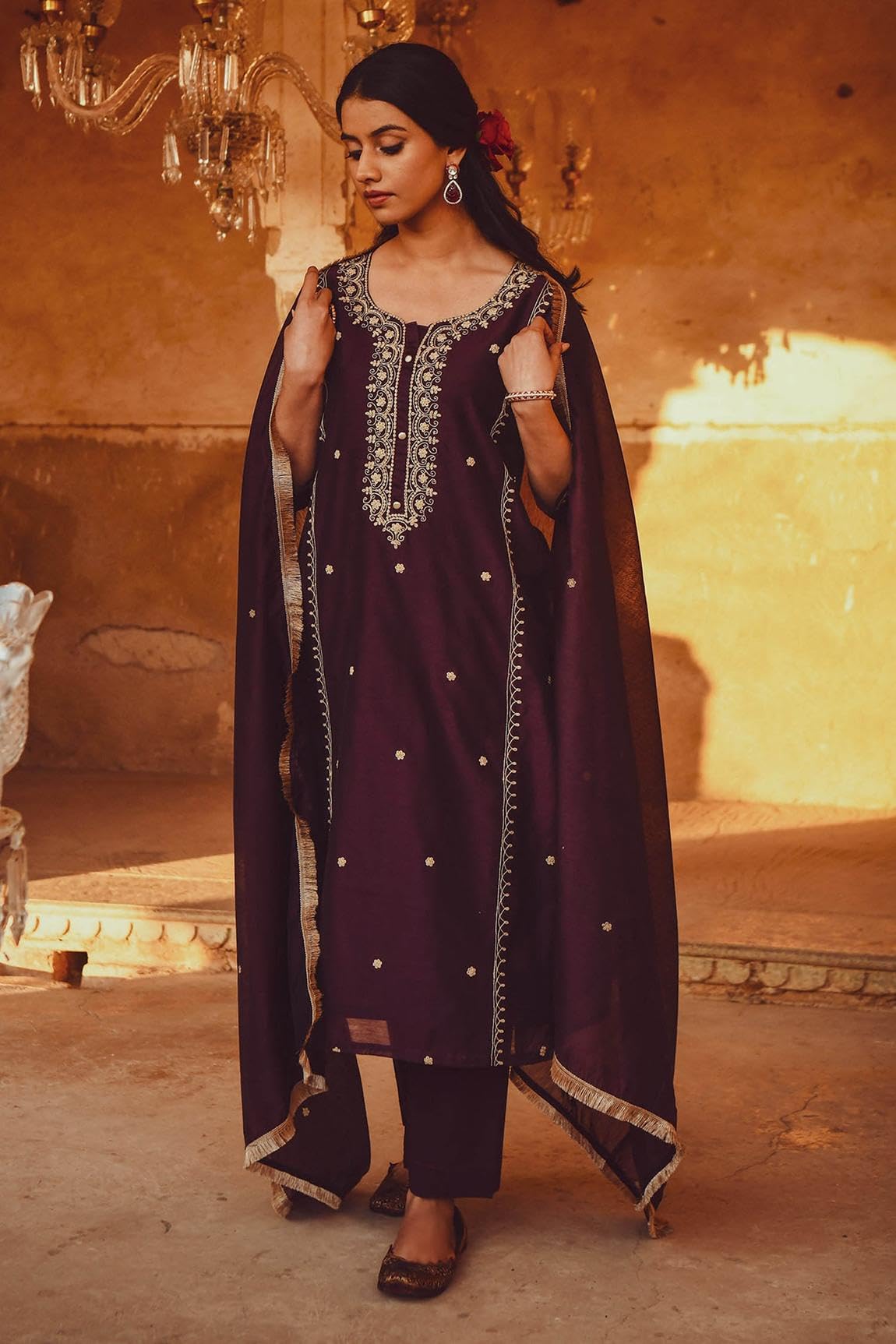 Gosriki Women'S Cotton Blend Embroidered Straight Kurta With Pant & Dupatta (Ultra101 Wine-Gs_S_Wine_Small),Wine,,B0CL7DJX79