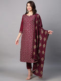 Anni Designer Women'S Cotton Blend Embroidered Straight Kurta With Pant & Dupatta (Mysuru-Wine_Xl_Wine_X-Large),Wine,XL,Cotton Blend,Regular,