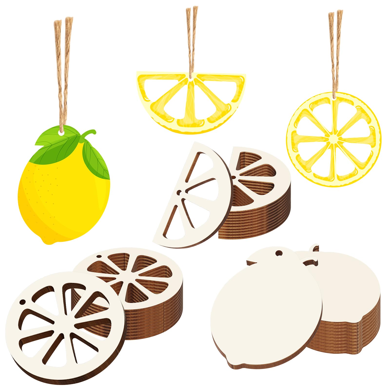 Tmflexe 30Pcs Lemon Unfinished Wooden Gift Ornaments DIY Craft Present Paintable Blank Cutouts Hanging Wood Slices for Wedding B