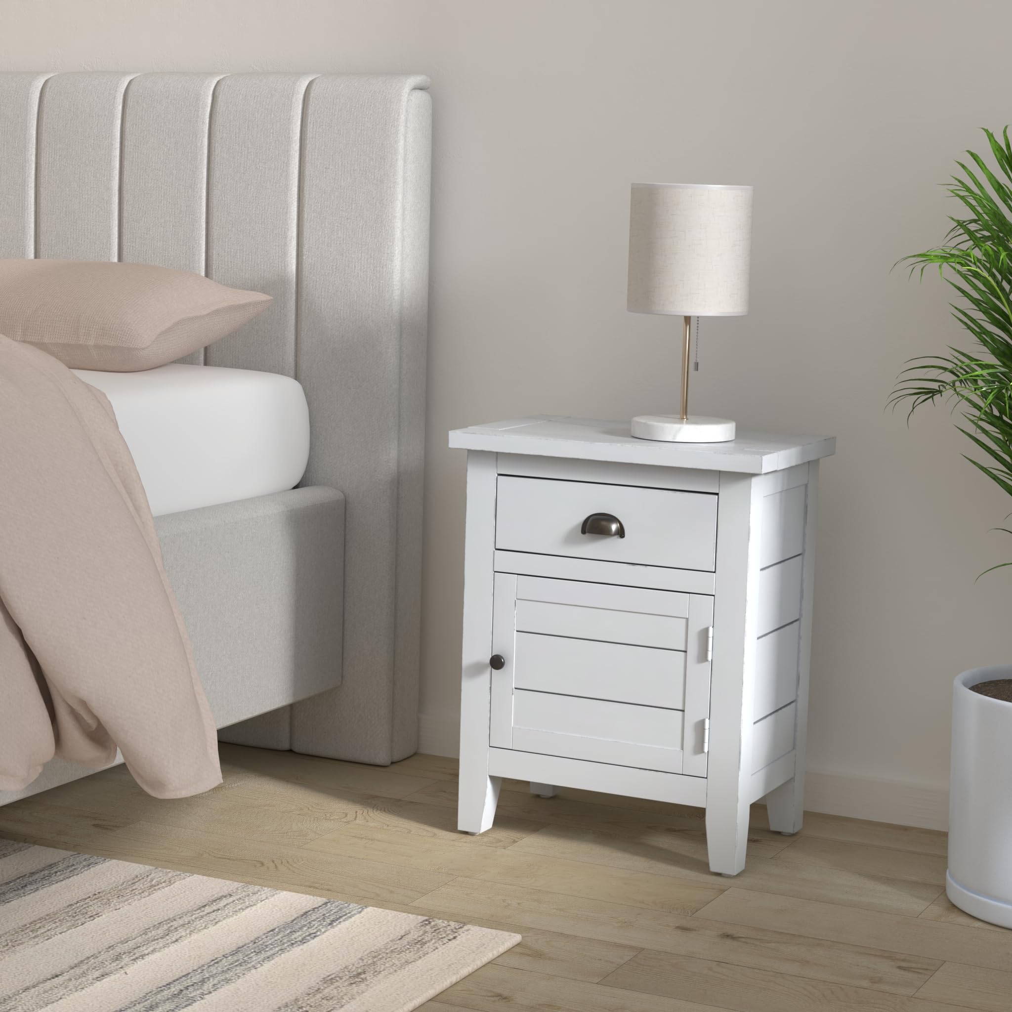 Jofran Artisan'S Craft Farmhouse Distressed 20 End Table Nightstand With Storage Cabinet, Weathered White