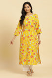 W Yellow Floral Printed Straight Long Cotton Kurta For Women