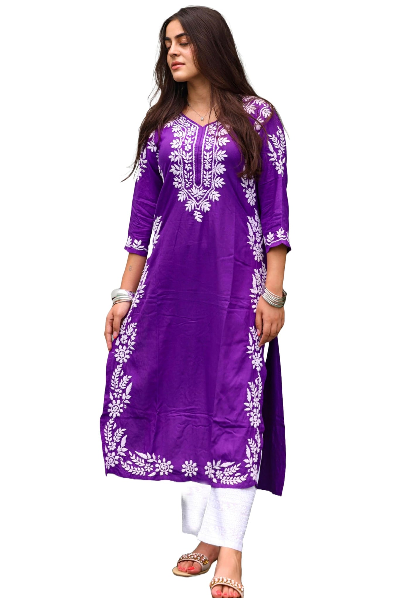Anni Designer Women'S Cotton Blend Chikankari Embroidered Straight Kurta (Roomali Purple-Nw_S_Purple_Small),Purple,S