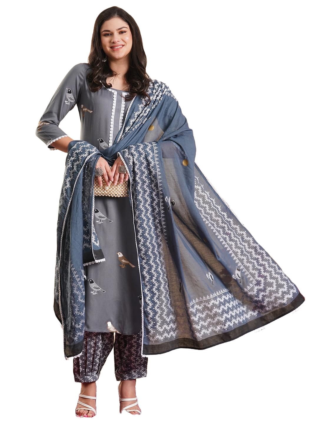 Anni Designer Women'S Rayon Blend Straight Hand Block Printed Kurta With Pant & Dupatta (Ragsri Grey-Vks03_S_Grey_Small),Grey,S,,,