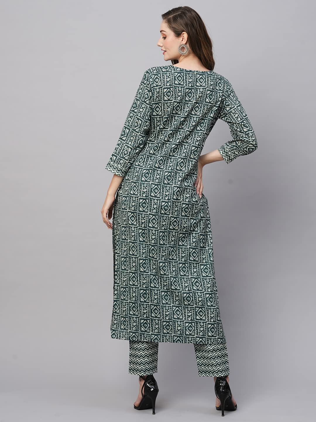 Anni Designer Women'S Cotton Blend Straight Printed Kurta With Pant (Yami Green_L_Green_Large),Green,L,Cotton Blend,Regular,Kurta