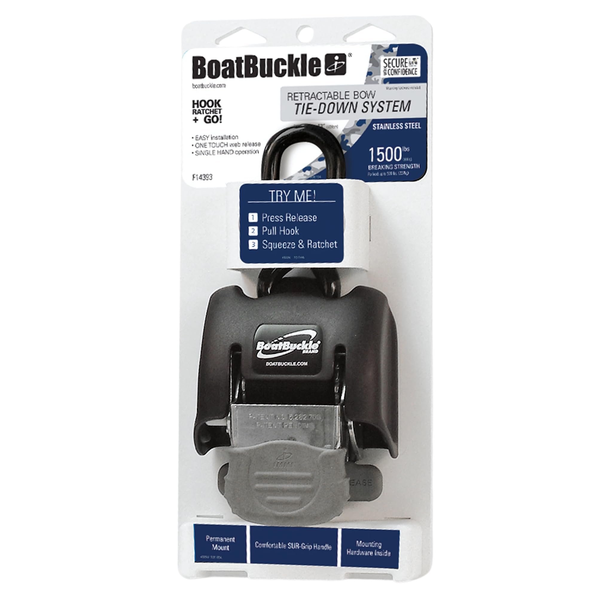 Boatbuckle G2 Stainless Steel Retractable Bow Tie-Down (2-Inch X 43-Inch, Black),Car Rack Accessories