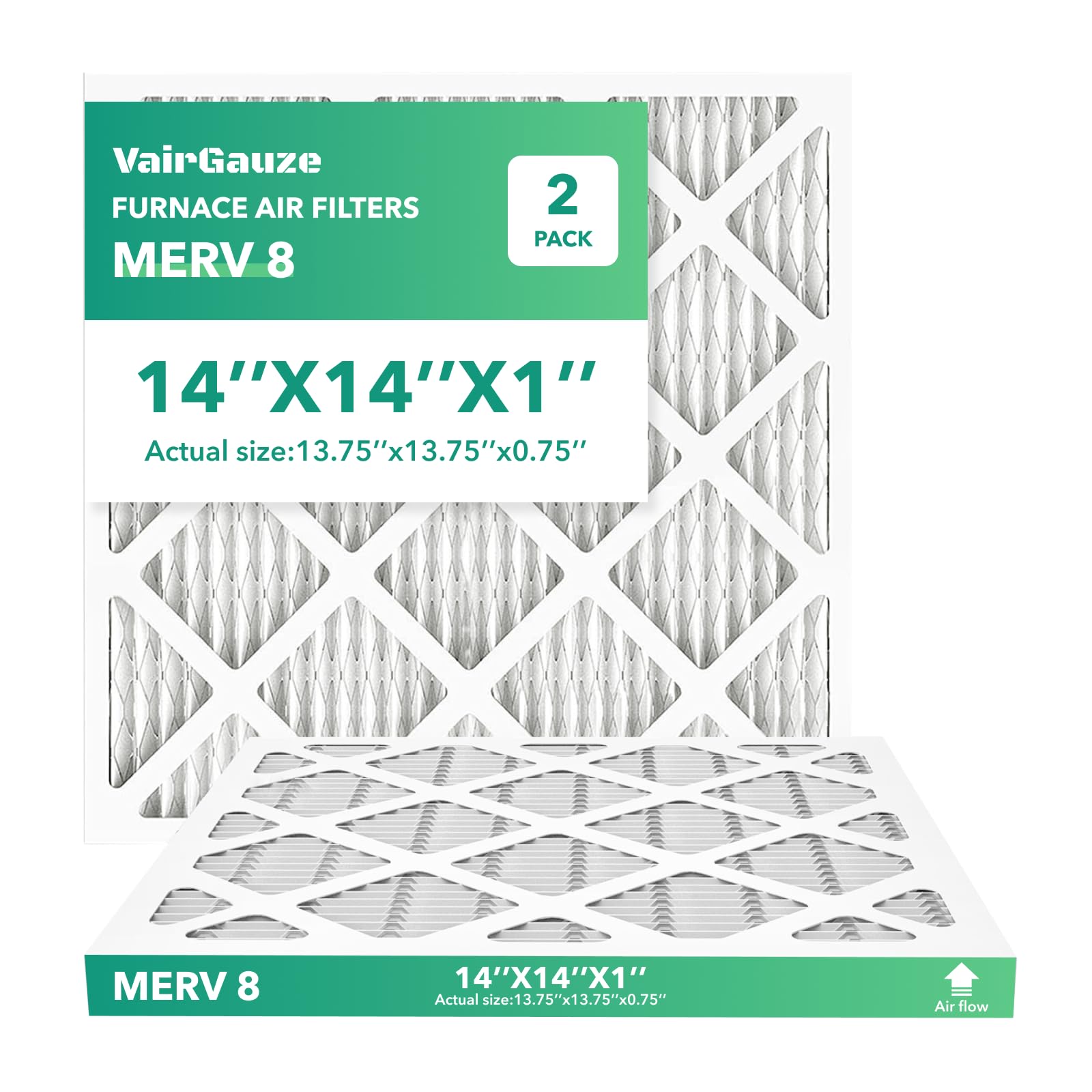 14x14x1 Air Filter 2 PACK, MERV 8 MPR 600 Pleated HVAC AC Furnace Dust Defense Air Filters Replacement (Actual Size: 13.75x13.75