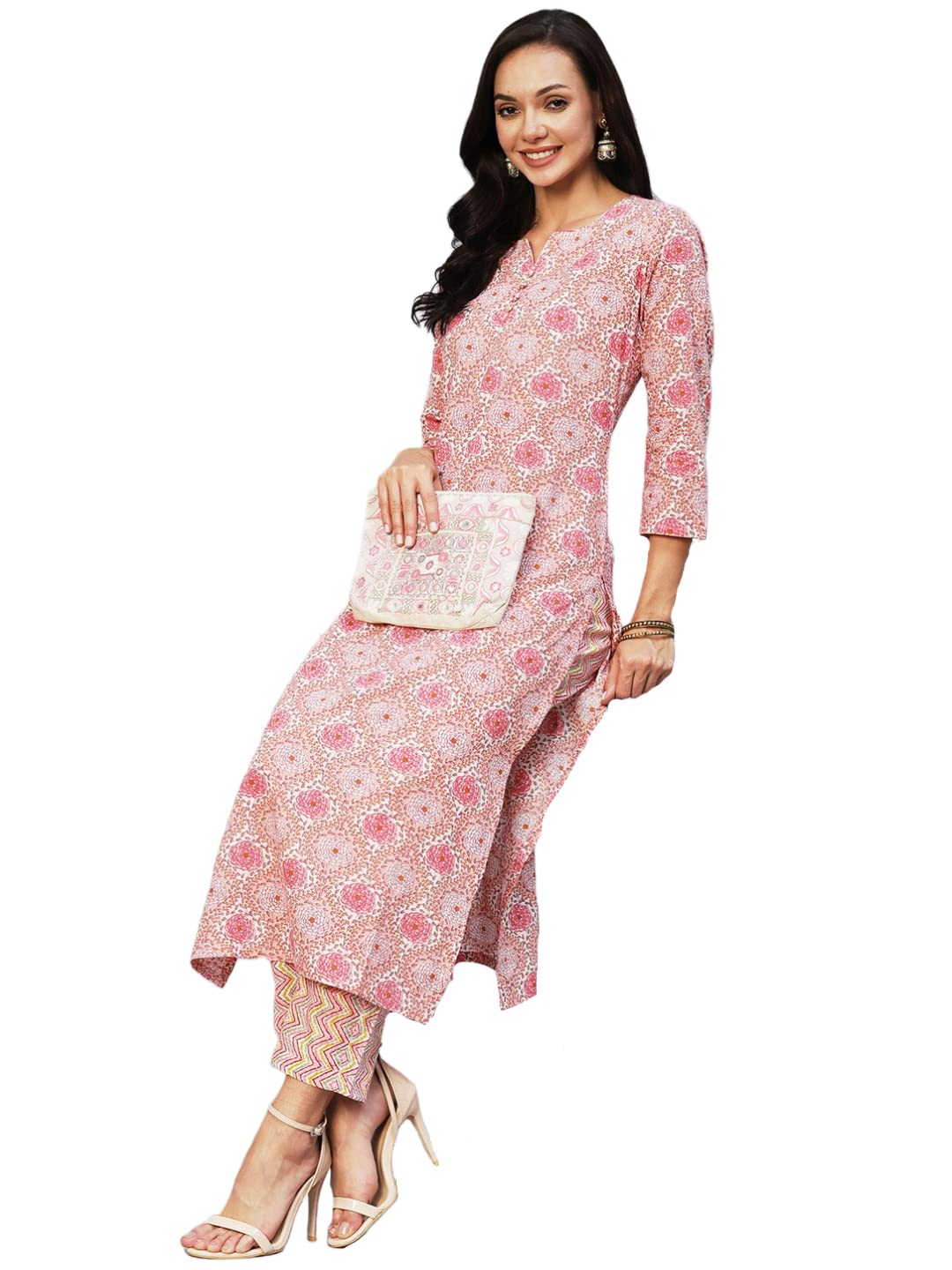 Anni Designer Women'S Cotton Blend Printed Straight Kurta With Pant (Achu Pink_Xxl_Pink_Xx-Large),Pink,2XL