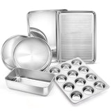 E-far 6-Piece Baking Pans set, Stainless Steel Bakeware Set for Oven, Include 8-Inch Cake Pan/Rectangle Baking Cookie Sheet/Muff