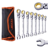 VEVOR Flex-Head Ratcheting Wrench Set, 8-piece Combination Wrench Set with Roll-up Pouch, Cr-V Steel Flexible Ratcheting Wrench 