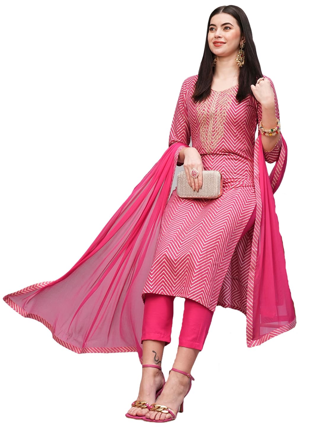 Gosriki Women'S Cotton Blend Straight Printed Kurta With Pant & Dupatta (Dmpl Rani-Nw-Gs_Xxl_Pink_Xx-Large),Pink,2,B0CS66GYKW
