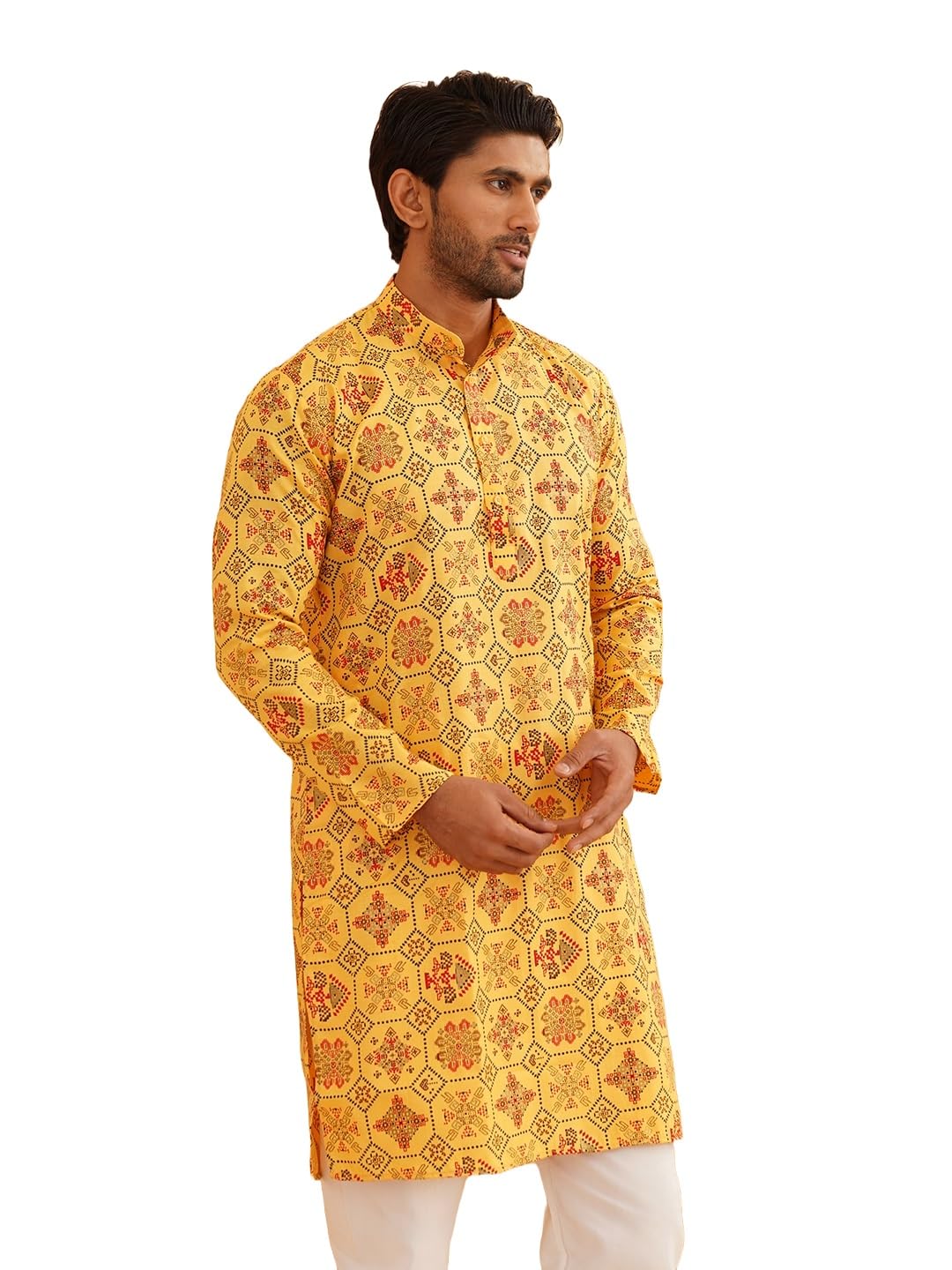Sojanya (Since 1958 Men'S Cotton Linen Yellow & Multi Print Only Long Kurta
