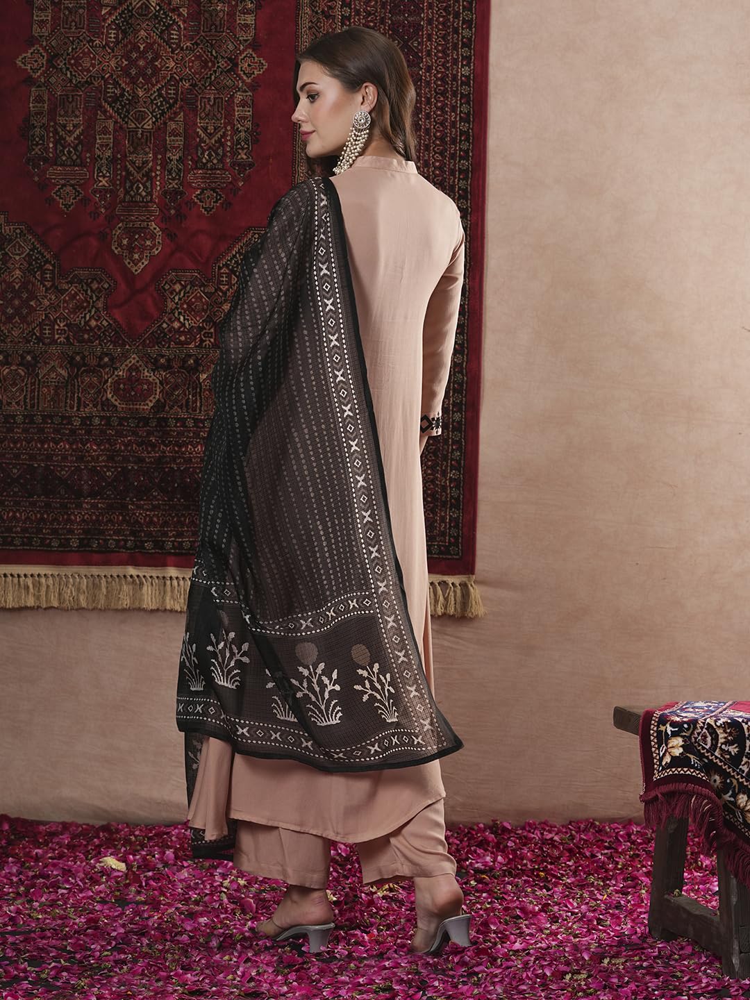 Anni Designer Women'S Cotton Blend Straight Solid Kurta With Pant & Dupatta (Prabita Beige_Xl_Beige_X-Large),Beige,XL,Rayon Blend,Regular,